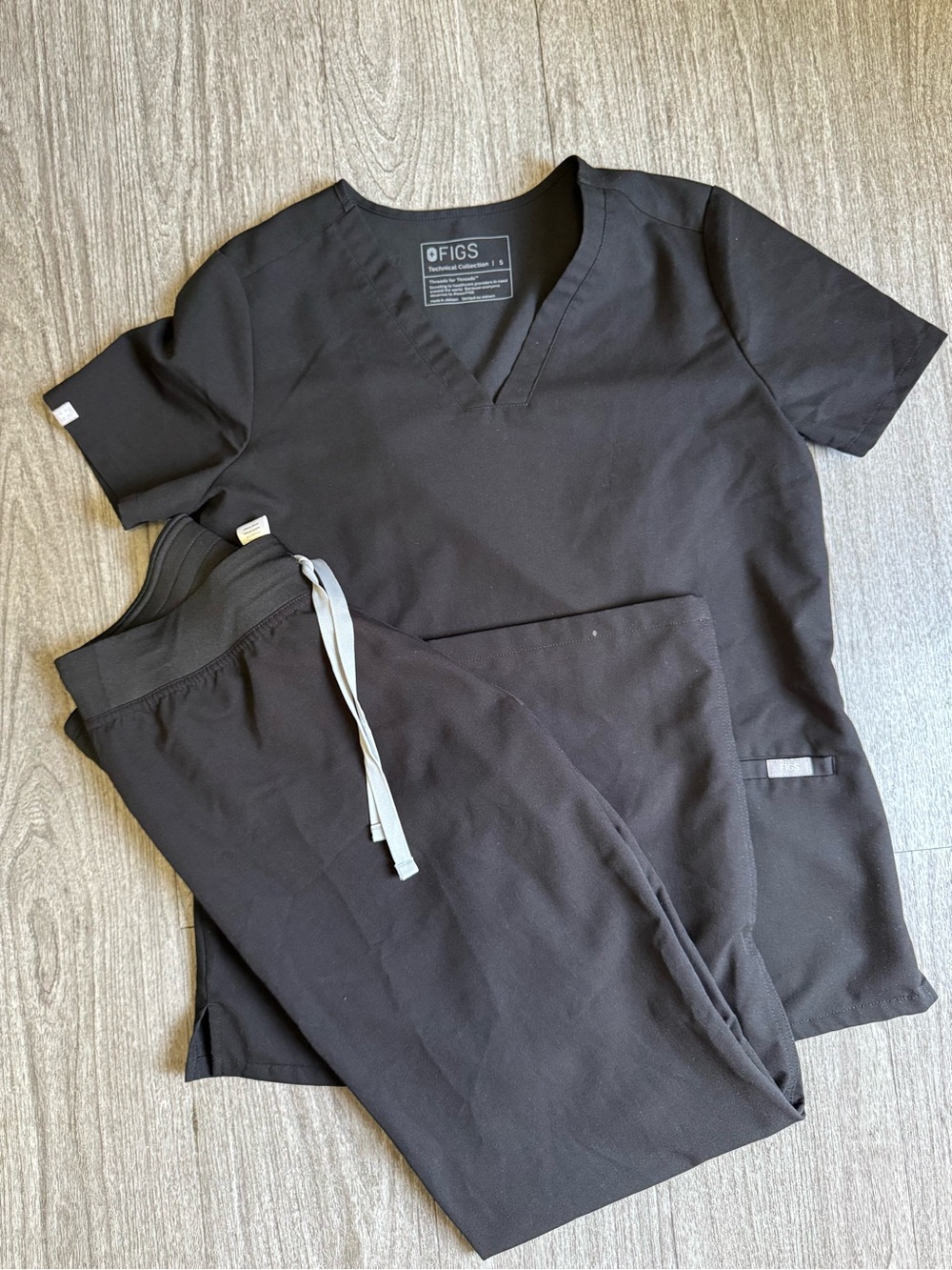 Figs Black V-Neck Scrub Top and Straight leg Drawstring Pants